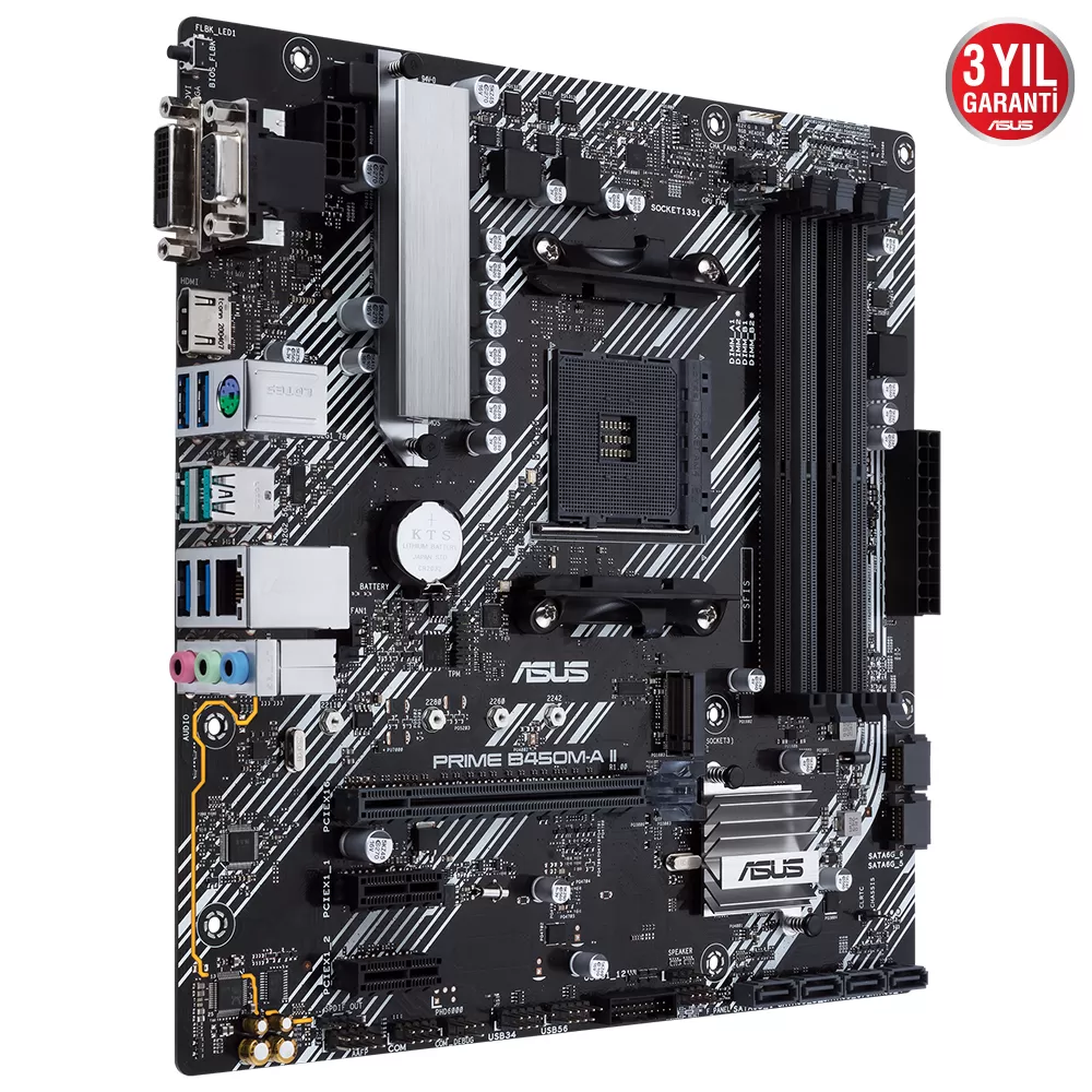 ASUS PRIME B450M-A II AMD B450 AM4 DDR4 4400 HDMI DVI VGA M2 USB3.2 AURA RGB mATX 128GB’a kadar ram desteği BIOS Flashback