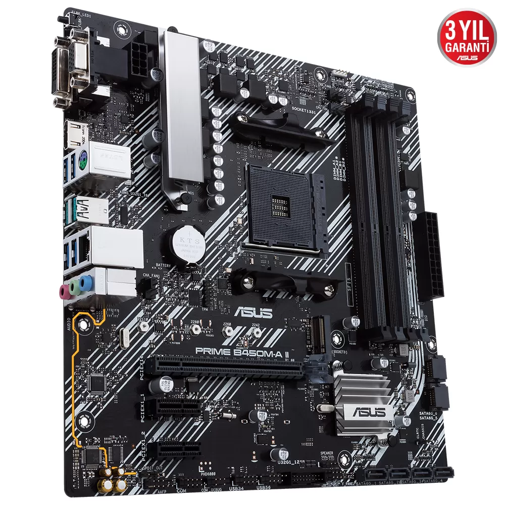 ASUS PRIME B450M-A II AMD B450 AM4 DDR4 4400 HDMI DVI VGA M2 USB3.2 AURA RGB mATX 128GB’a kadar ram desteği BIOS Flashback