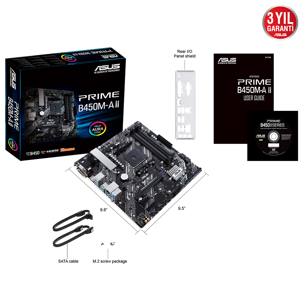 ASUS PRIME B450M-A II AMD B450 AM4 DDR4 4400 HDMI DVI VGA M2 USB3.2 AURA RGB mATX 128GB’a kadar ram desteği BIOS Flashback