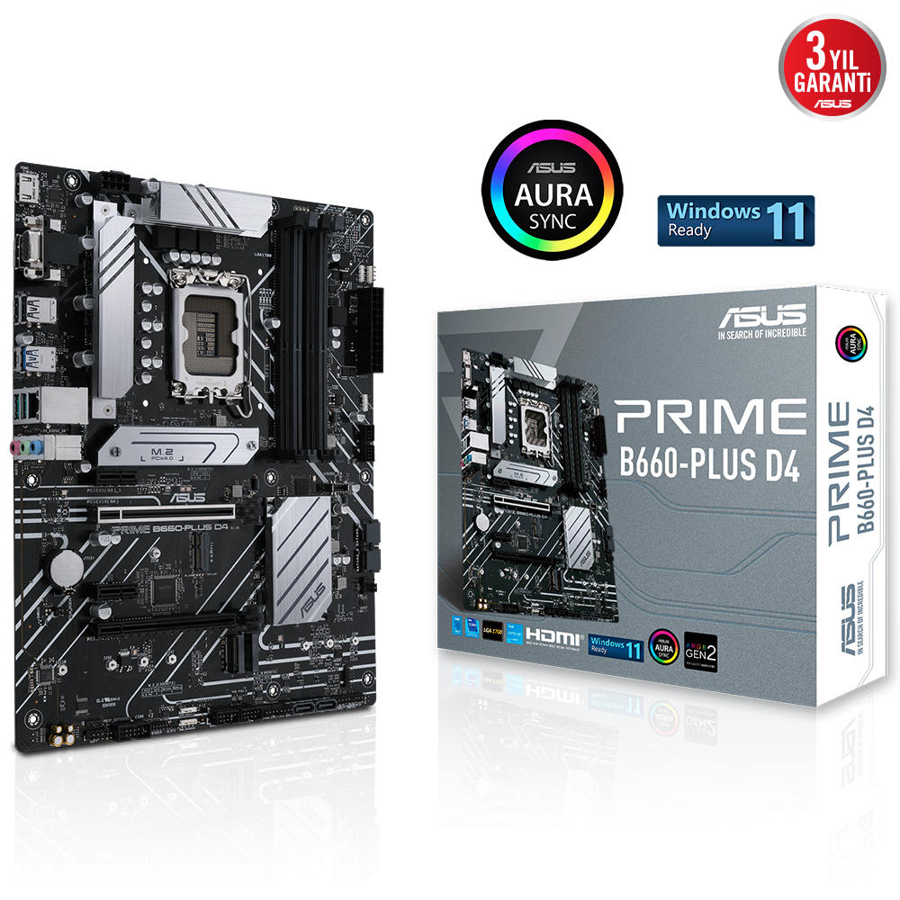 ASUS PRIME B660-PLUS D4 INTEL B660 LGA1700 DDR4 5000 DP HDMI VGA 3X M2 USB3.2 AURA RGB 2.5GBİT LAN ATX ASUS 5X PROTECTION III ARMOURY CRATE AI SUİTE 3