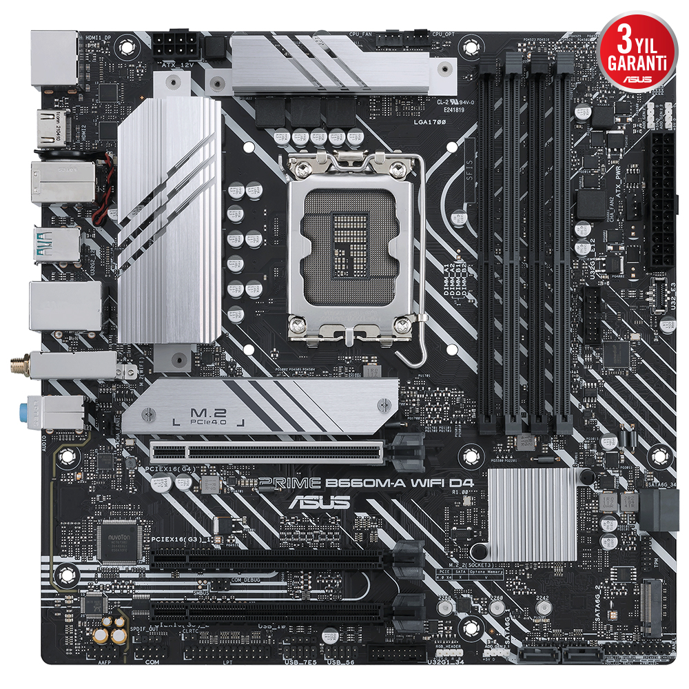 ASUS PRIME B660M-A WIFI D4 INTEL B660 LGA1700 DDR4 5333 DP HDMI ÇİFT M2 USB3.2 AX WİFİ + BT AURA RGB MATX 128GB’A KADAR RAM DESTEĞİ ASUS 5X PROTECTION III