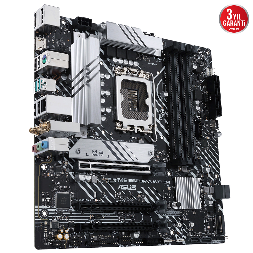 ASUS PRIME B660M-A WIFI D4 INTEL B660 LGA1700 DDR4 5333 DP HDMI ÇİFT M2 USB3.2 AX WİFİ + BT AURA RGB MATX 128GB’A KADAR RAM DESTEĞİ ASUS 5X PROTECTION III