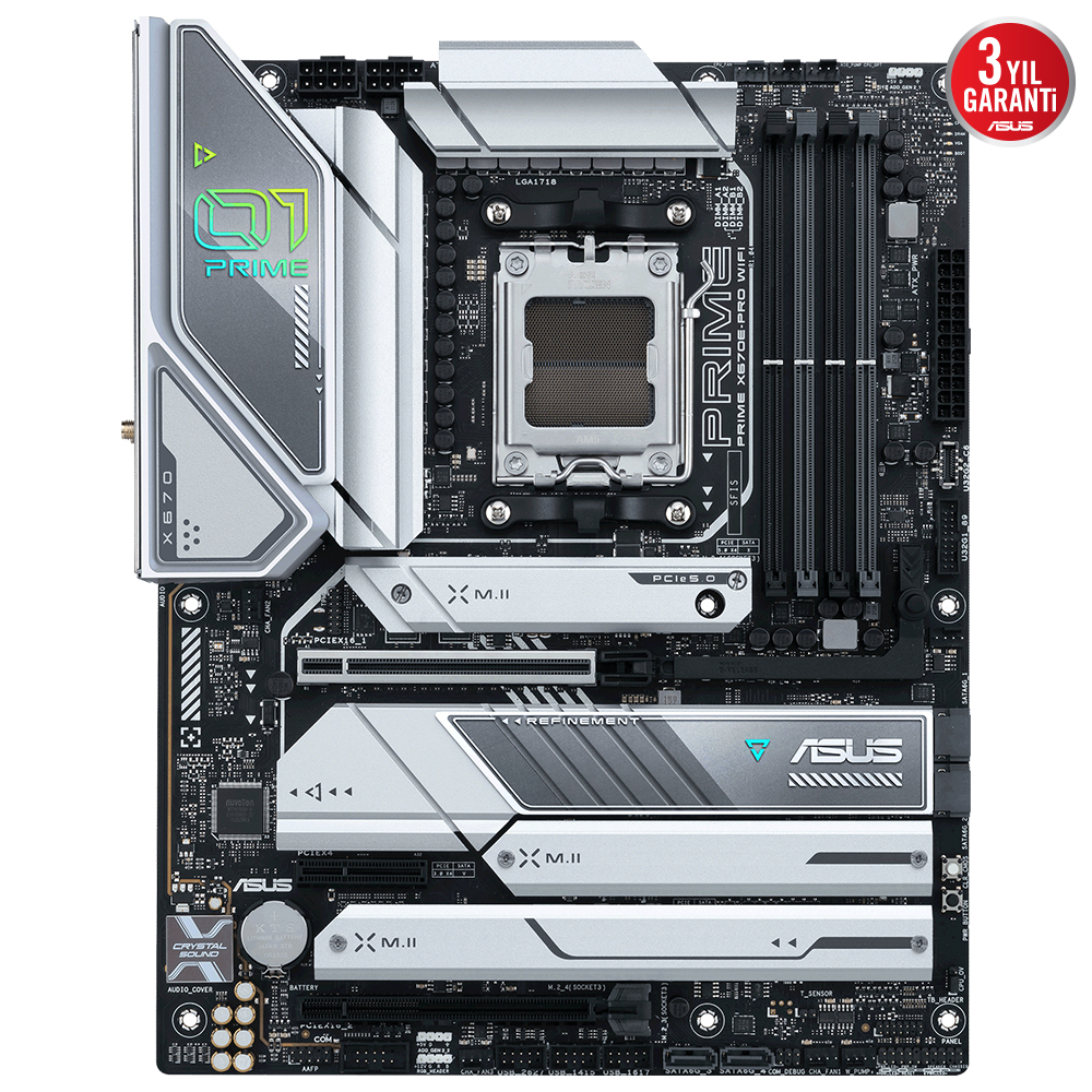 ASUS PRIME X670E-PRO WIFI AMD X670E AM5 DDR5 6400 DP HDMI 4X M2 USB3.2 AX WİFİ + BT AURA RGB 2.5GBİT LAN ATX 128GB’A KADAR RAM DESTEĞİ PCIE5.0 ASUS 5X PROTECTION III