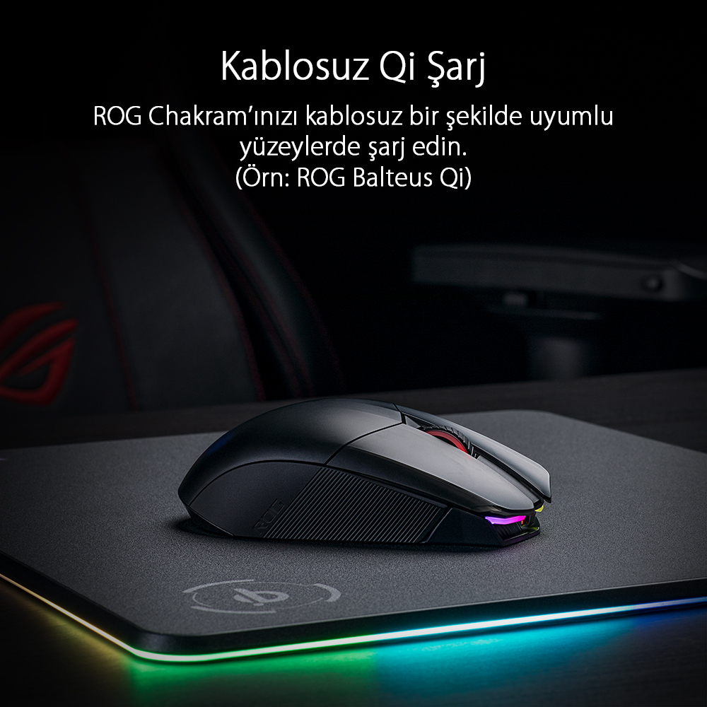 ASUS ROG CHAKRAM RGB Qi ŞARJ VE YAN JOYSTICK ÜÇ MODLU BAĞLANTI KABLOLU/2.4GHZ/BLUETOOTH 16000 DPI SENSÖR VİDASIZ MANYETİK TUŞLAR VE KAPAK AURA SYNC