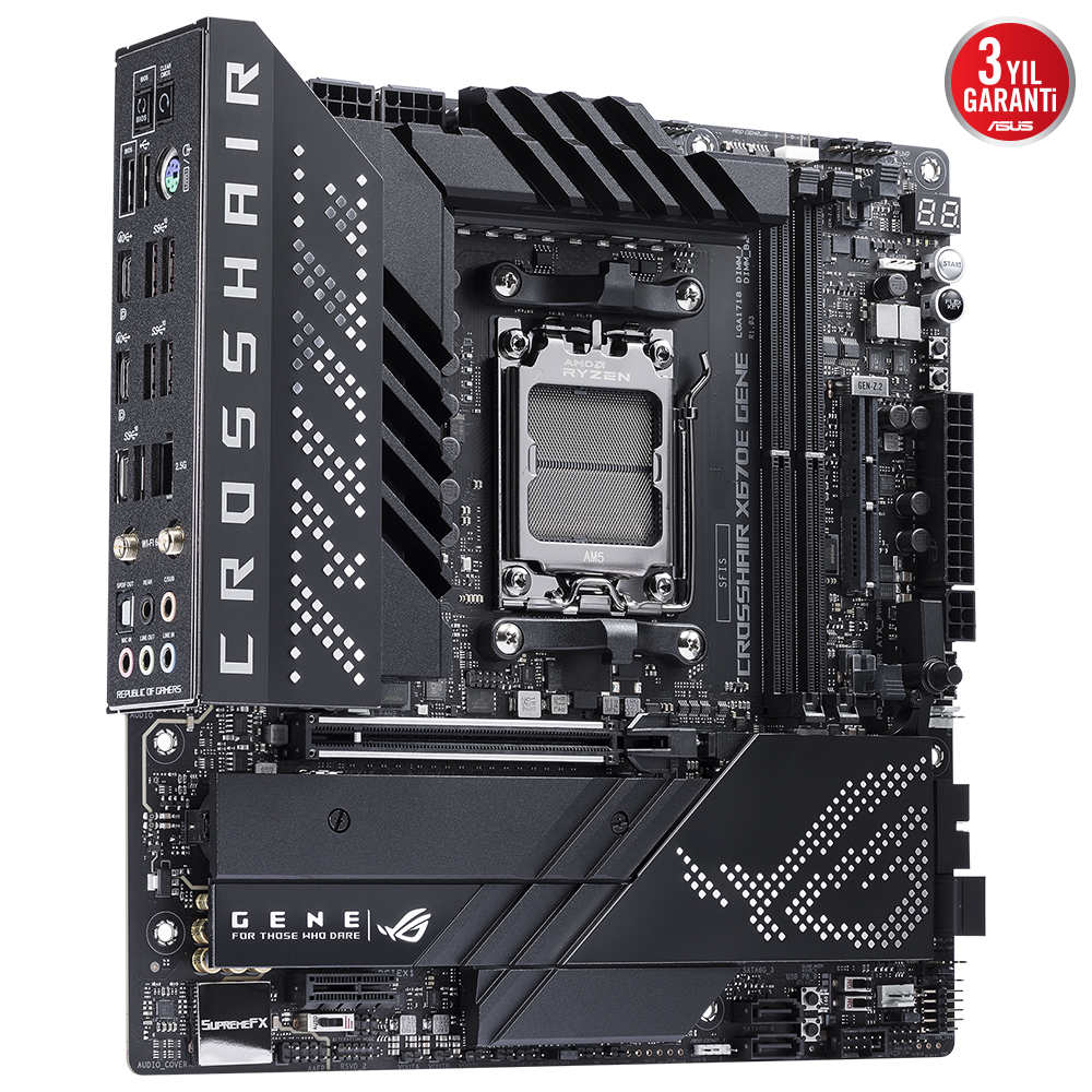 ASUS ROG CROSSHAIR X670E GENE AMD X670E AM5 DDR5 6400 2XUSB4(THUNDERBOLT) 3X M2 USB3.2 WİFİ 6E AURA RGB 2.5GBİT LAN MATX PCIE5.0 ASUS 5X PROTECTION III