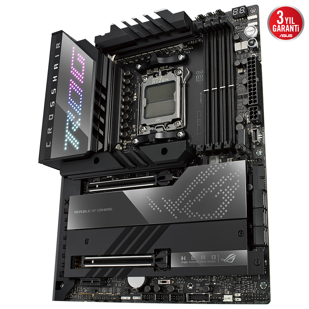 ASUS ROG CROSSHAIR X670E HERO AMD X670 AM5 DDR5 6400 2xUSB4(Thunderbolt) HDMI 5x M2 USB3.2 WiFi 6E AURA RGB 2.5Gbit LAN ATX 128GB’a kadar ram desteği, PCIe5.0, ASUS 5X PROTECTION III