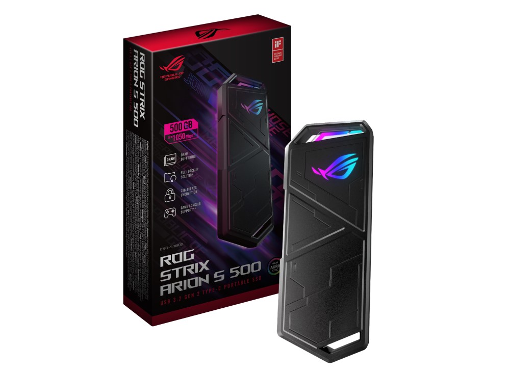 ASUS ROG STRİX ARİON S500 USB3.2 TYPE-C TAŞINABİLİR SSD—USB3.2 GEN2 TİP-C (10 GBPS) 500GB KAPASİTE 1050MB/S KADAR VERİ AKTARIM HIZI USB- C DEN C YE KABLO AURA SYNC RGB