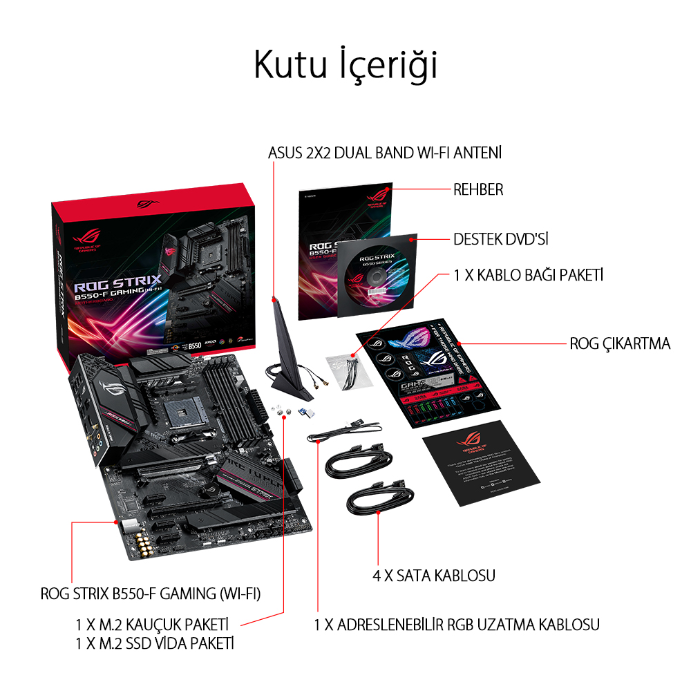 ASUS ROG STRIX B550-F GAMING WIFI II AMD B550 AM4 DDR4 5100 DP HDMI Çift M2 USB3.2 AX WiFi + BT ARGB 2.5Gbit LAN ATX PCIe 4.0 128GB’a kadar ram desteği, AI Ses Engelleyici Mik. Desteği