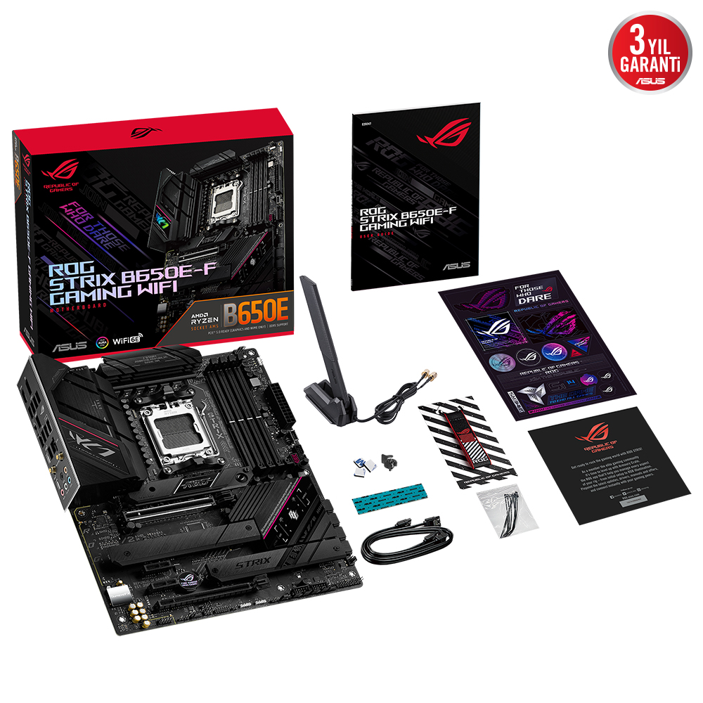 ASUS ROG STRIX B650E-F GAMING WIFI AMD B650 AM5 DDR5 6400 DP HDMI 3X M2 USB3.2 AX WİFİ BT AURA RGB 2.5GBİT LAN ATX ARMOURY CRATE AI SUİTE 3 PCIE SLOT Q RELEASE