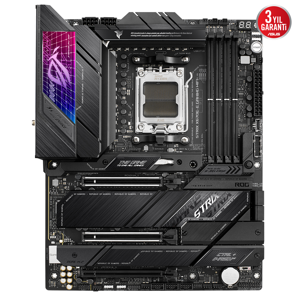 ASUS ROG STRIX X670E-E GAMING WIFI AMD X670E AM5 DDR5 6400 DP HDMI 4X M2 USB3.2 WİFİ 6E AURA RGB 2.5GBİT LAN ATX 128GB’A KADAR RAM DESTEĞİ PCIE5.0 ASUS 5X PROTECTION III