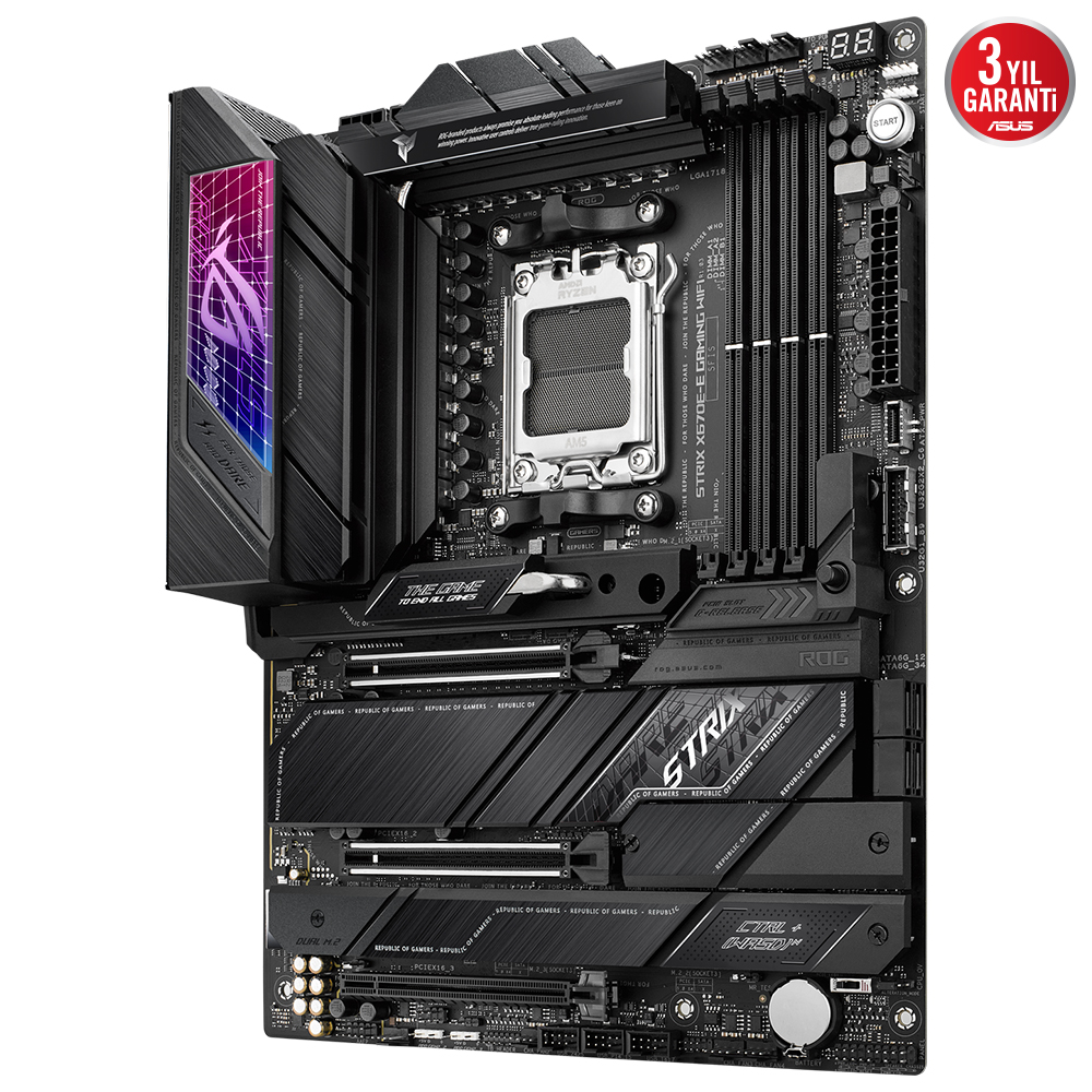 ASUS ROG STRIX X670E-E GAMING WIFI AMD X670E AM5 DDR5 6400 DP HDMI 4X M2 USB3.2 WİFİ 6E AURA RGB 2.5GBİT LAN ATX 128GB’A KADAR RAM DESTEĞİ PCIE5.0 ASUS 5X PROTECTION III