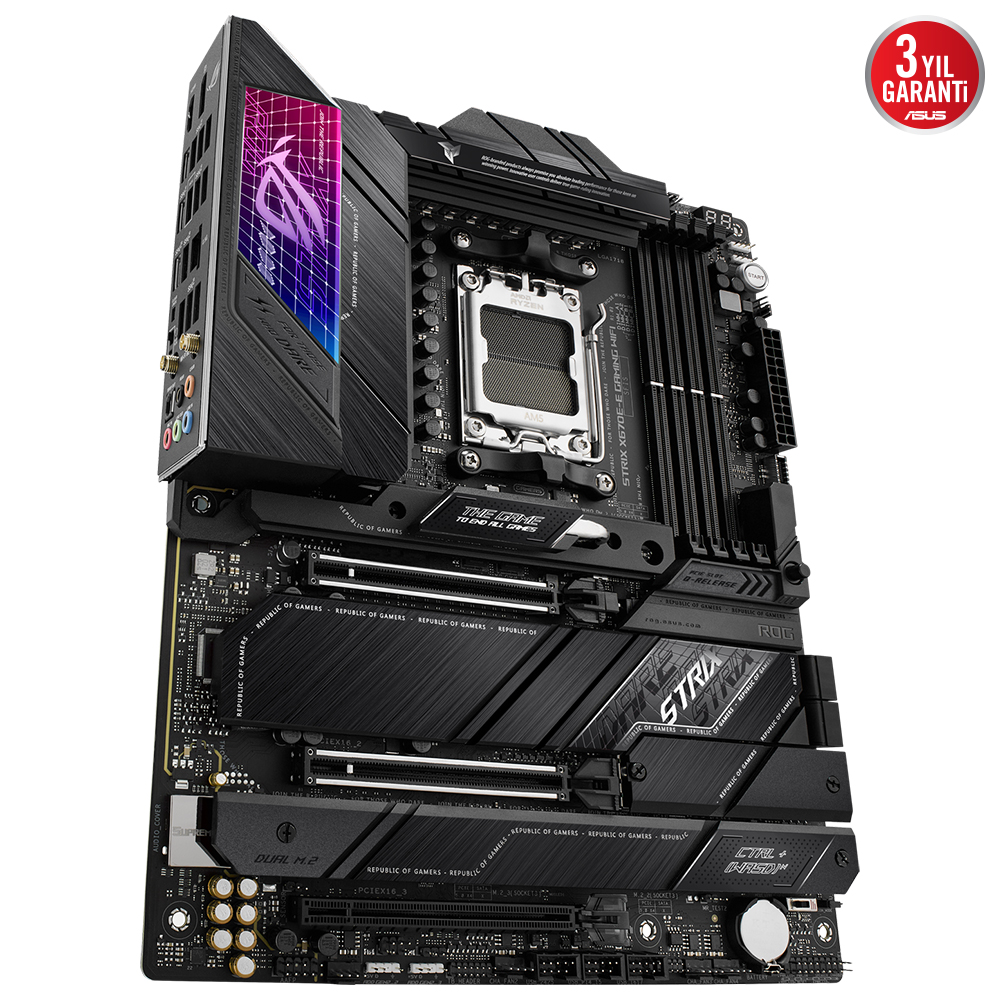 ASUS ROG STRIX X670E-E GAMING WIFI AMD X670E AM5 DDR5 6400 DP HDMI 4X M2 USB3.2 WİFİ 6E AURA RGB 2.5GBİT LAN ATX 128GB’A KADAR RAM DESTEĞİ PCIE5.0 ASUS 5X PROTECTION III