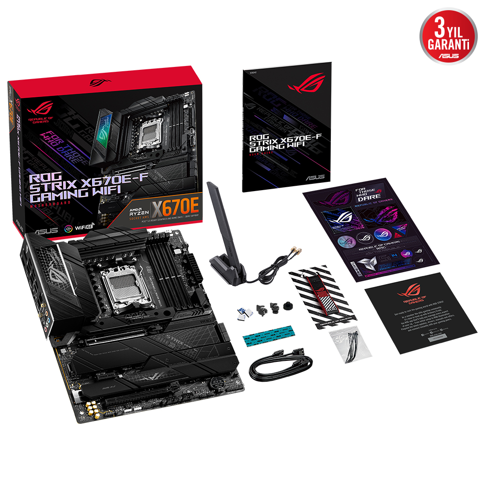 ASUS ROG STRIX X670E-F GAMING WIFI AMD X670E AM5 DDR5 6400 DP HDMI 4X M2 USB3.2 WİFİ 6E AURA RGB 2.5GBİT LAN ATX 128GB’A KADAR RAM DESTEĞİ PCIE5.0 ASUS 5X PROTECTION III