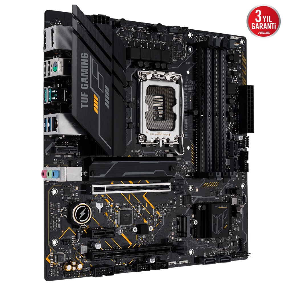 ASUS TUF GAMING B660M-E D4 INTEL B660 LGA1700 DDR4 5333 DP HDMI ÇİFT M2 USB3.2 AURA RGB MATX 128GB’A KADAR RAM DESTEĞİ ASUS 5X TUF PROTECTION III