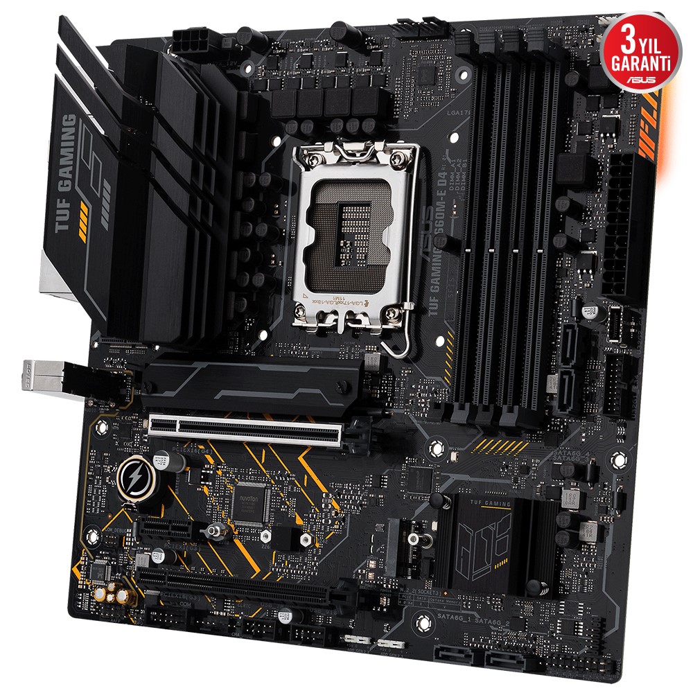 ASUS TUF GAMING B660M-E D4 INTEL B660 LGA1700 DDR4 5333 DP HDMI ÇİFT M2 USB3.2 AURA RGB MATX 128GB’A KADAR RAM DESTEĞİ ASUS 5X TUF PROTECTION III