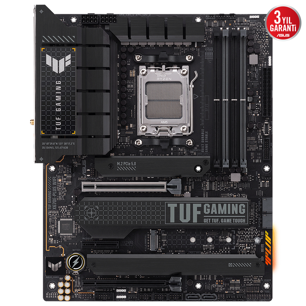 ASUS TUF GAMING X670E-PLUS WIFI AMD X670E AM5 DDR5 6400 DP HDMI 4X M2 USB3.2 AX WİFİ + BT AURA RGB 2.5GBİT LAN ATX 128GB’A KADAR RAM DESTEĞİ PCIE5.0 ASUS 5X PROTECTION III