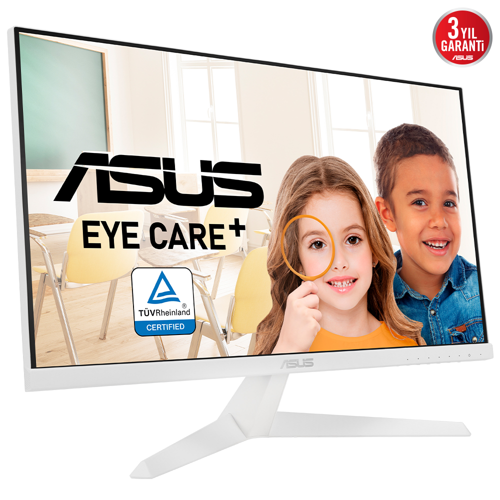 ASUS VY249HE-W 23,8 IPS, BEYAZ 1920x1080 1MS 75HZ HDMI VGA VESA 3YIL EYECARE PLUS,FLICKER-FREE,CERCEVESIZ,DUSUK MAVI ISIK,Antibakteriyel Kaplama Monitör