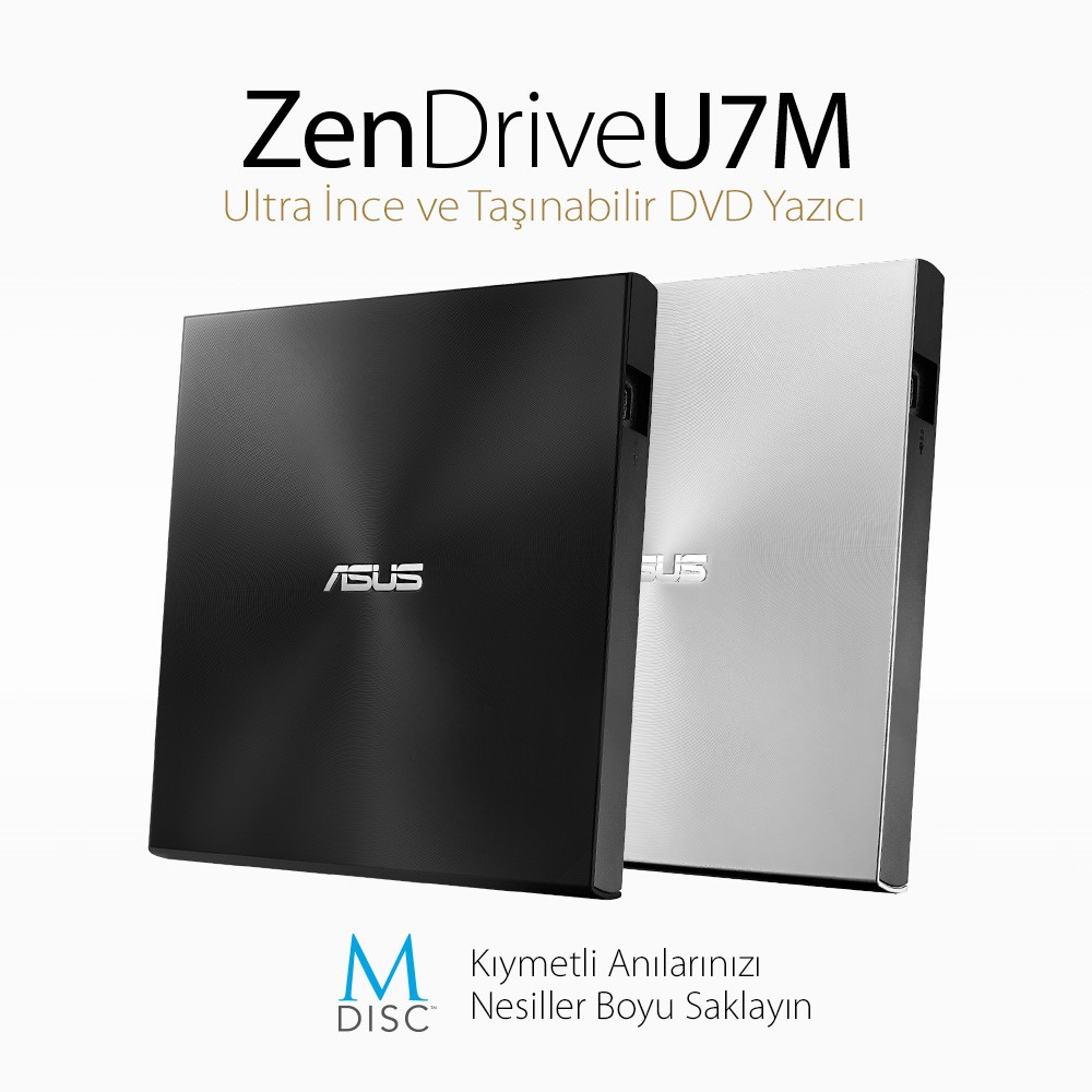 ASUS ZENDRİVE-U7M SDRW-08U7M-U HARİCİ İNCE DVD YAZICI  M-DİSC  2 ADET M-DISC DVD HEDİYELİ  SİYAH