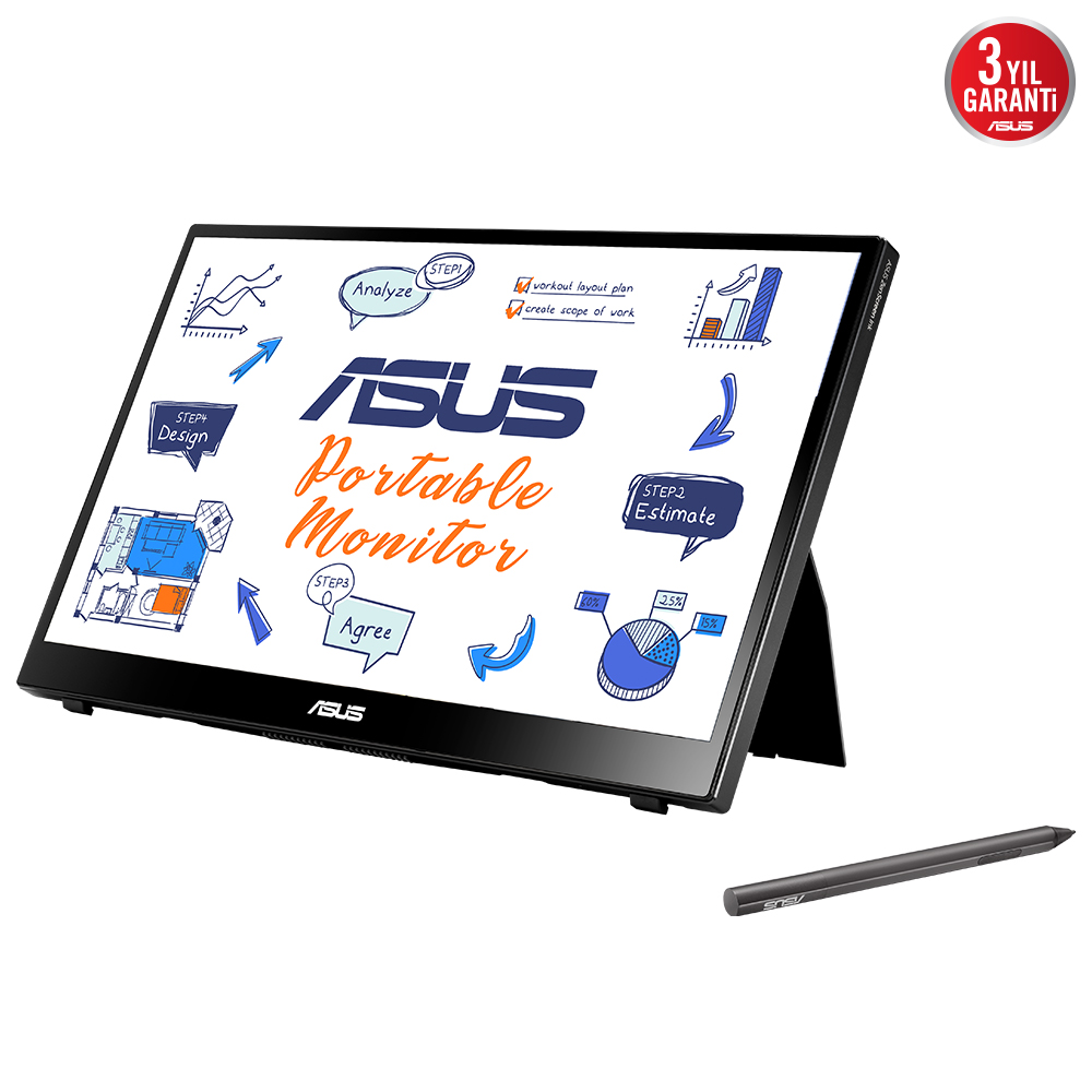 ASUS ZENSCREEN INK MB14AHD 14 TASINABILIR USB MONITOR IPS 1920x1080 5MS Micro-HDMI USB-C 3YIL 10 PARMAK DOKUNMATIK KALEM EYECARE Monitör