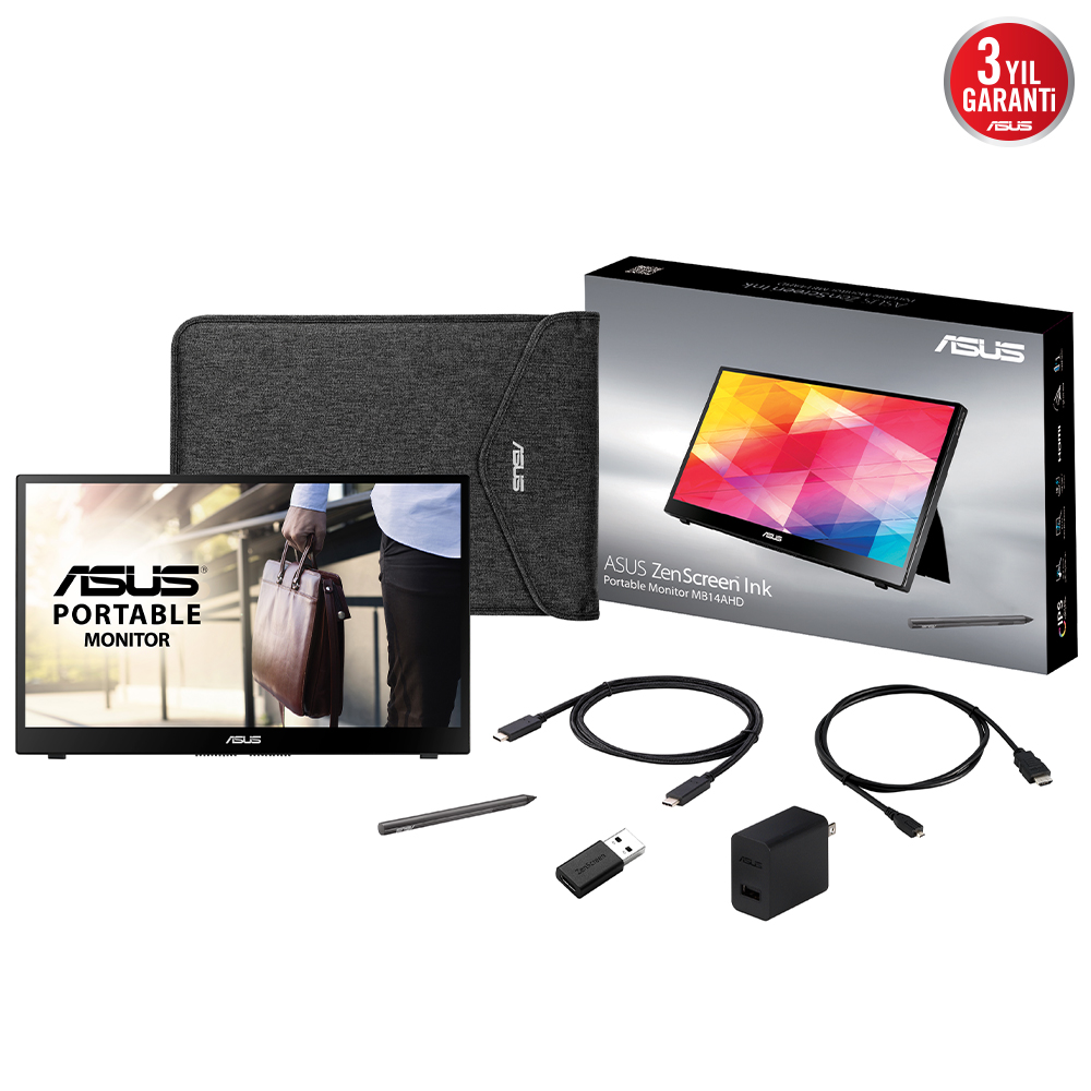 ASUS ZENSCREEN INK MB14AHD 14 TASINABILIR USB MONITOR IPS 1920x1080 5MS Micro-HDMI USB-C 3YIL 10 PARMAK DOKUNMATIK KALEM EYECARE Monitör