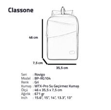 CLASSONE BP-RG104 Rovigo BP-RG100 WTXpro Su geçirmez Kumaş 15.6" Notebook Laptop Çantası