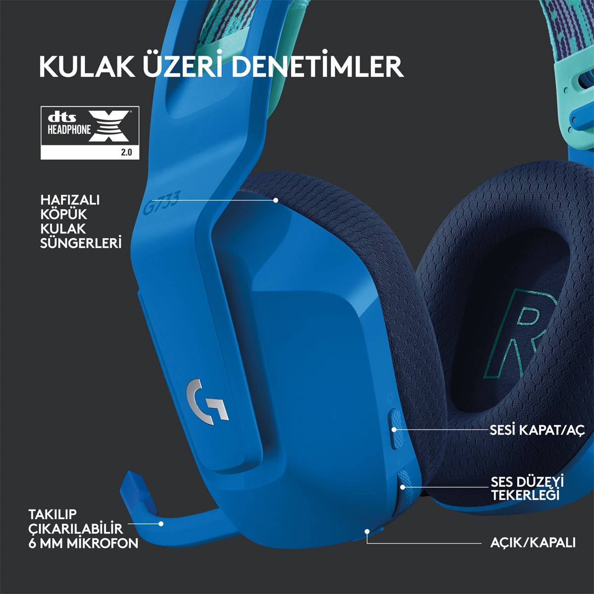 LOGITECH G G733 LIGHTSPEED KABLOSUZ RGB OYUNCU KULAKLIĞI MAVİ 981-000943