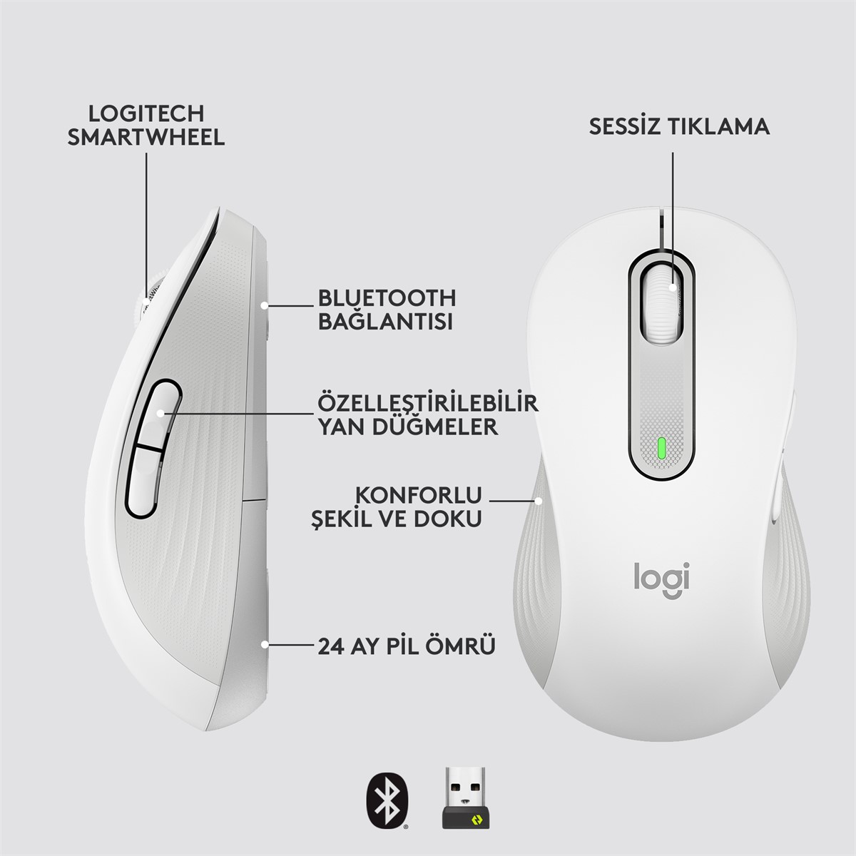 LOGITECH M650 L SIGNATURE SOL EL iÇİN KABLOSUZ TAM BOYUTLU MOUSE - BEYAZ 910-006240