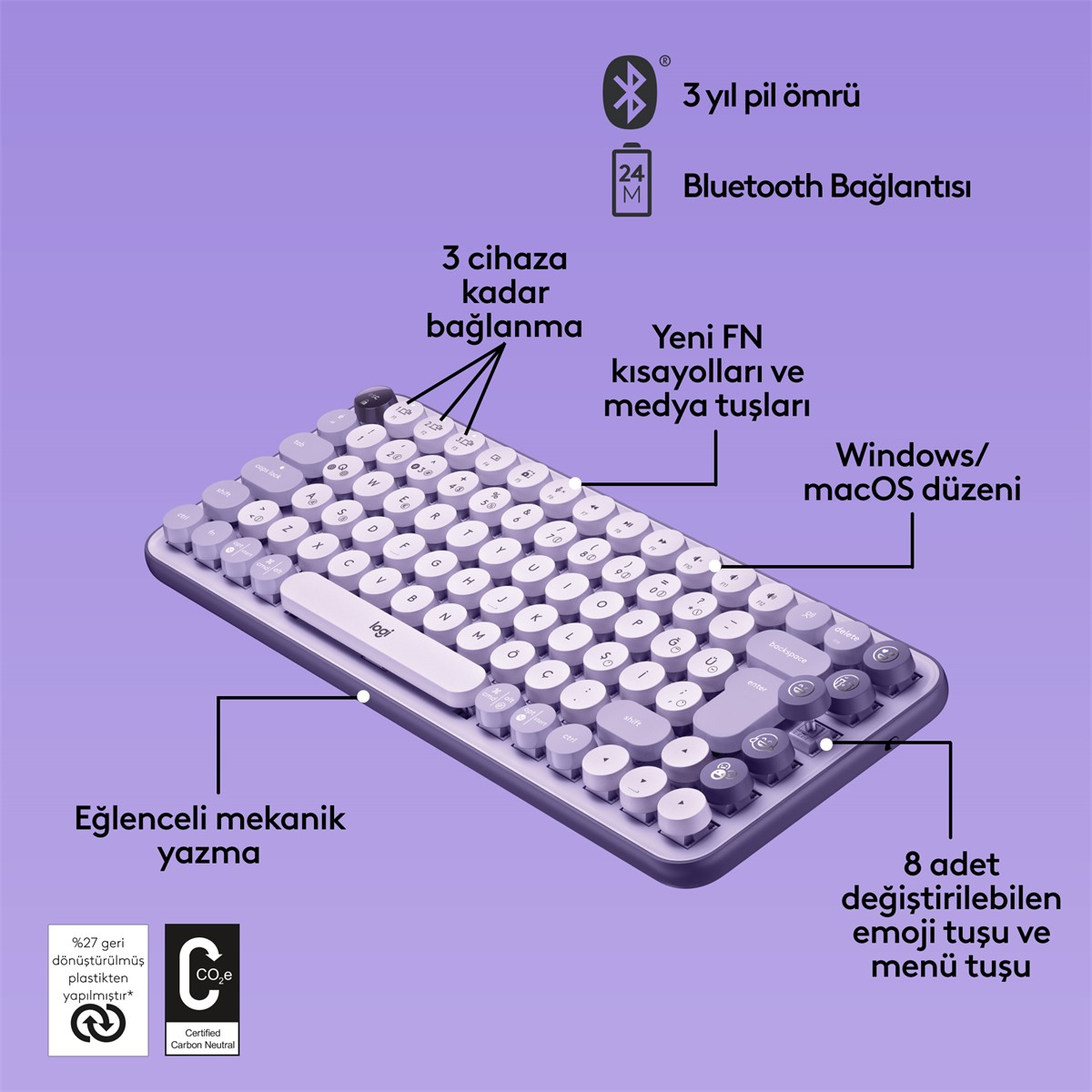 LOGITECH POP KEYS KABLOSUZ MEKANİK KLAVYE - LİLA 920-011527