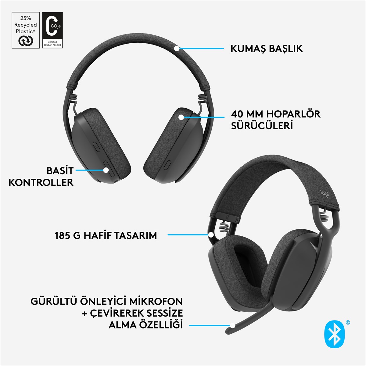 LOGITECH ZONE VIBE 100 KABLOSUZ KULAKLIK-GRAFITE 981-001213