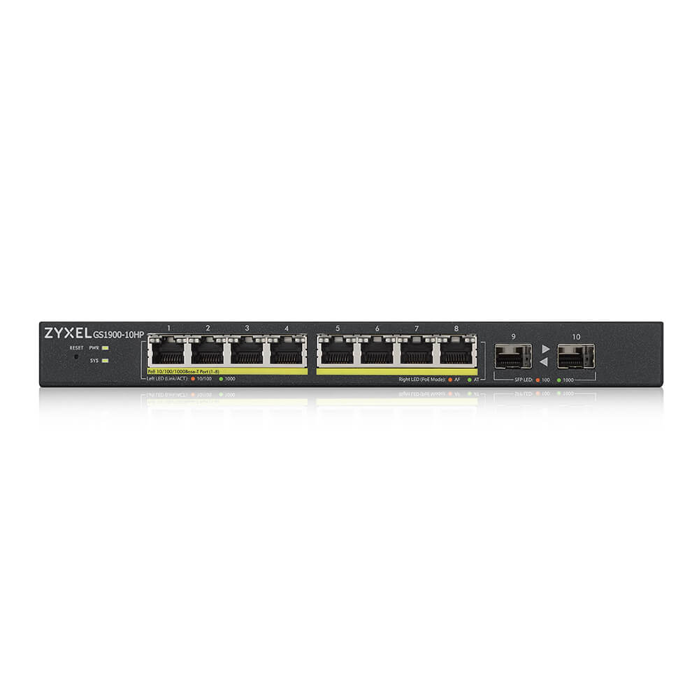 ZYXEL GS1900-10HP-EU0102F 8 PORT 8x100/100/1000 + 2xSFP WEB YONETİLEBİLİR POE SWITCH (77 WATT)